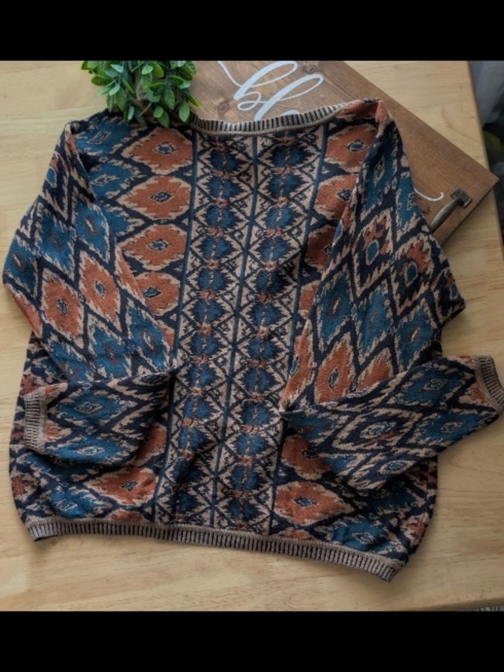 Peruvian Connection Teal and Rust Patterned V-Neck Sweater - Picture 6 of 7